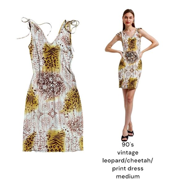 90's vintage Cheetah Leopard Flower Printed Timing Dress medium Made in USA - Picture 1 of 4